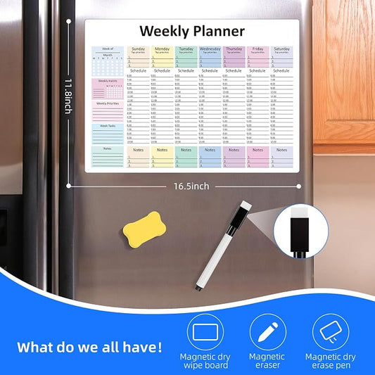 Weekly Hourly Planner Dry Erase Magnetic Whiteboard－Daily Weekly Weekly Planner and Hourly Schedule Checklist－Weekly To Do List Organize Your Daily Work Efficiently