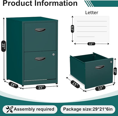 2 Drawer File Cabinet with Lock,Green Small Filing Cabinet for Home Office,Metal Vertical File Under Desk Cabinets for A4/Letter,Assembly Required