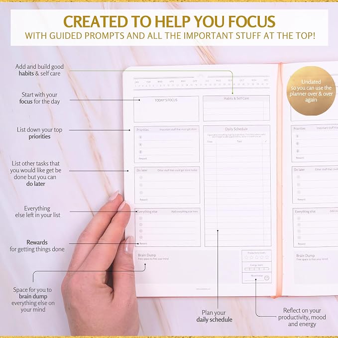 ADHD Daily Planner for Neurodivergent Adults – Premium Leather Productivity & Task Management Planner with Guided Focus Pages, 170gsm Paper, Gold Foiling & Gift Box – Undated | A5 (Salmon Pink)