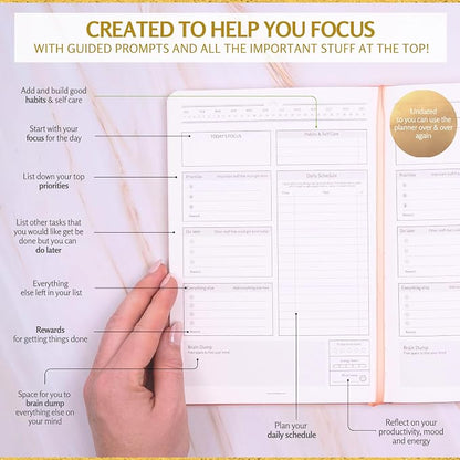 ADHD Daily Planner for Neurodivergent Adults – Premium Leather Productivity & Task Management Planner with Guided Focus Pages, 170gsm Paper, Gold Foiling & Gift Box – Undated | A5 (Salmon Pink)
