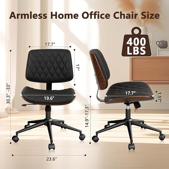 CLATINA Home Office Desk Chair with Wheels, Adjustable Height Armless Office Chair, PU Leather Mid Back 360 Swivel Computer Chair, Modern Walnut Chair for Home, Meeting, Reading Room,Black(2 pk)
