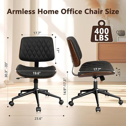 CLATINA Home Office Desk Chair with Wheels, Adjustable Height Armless Office Chair, PU Leather Mid Back 360 Swivel Computer Chair, Modern Walnut Chair for Home, Meeting, Reading Room,Black(2 pk)