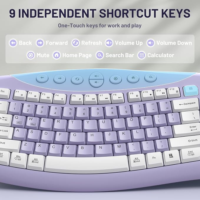 Wireless Keyboard and Mouse Combo,2.4G Full Size Ergonomic Curved Silent Keyboard with Fn Multimedia Keys for Office and Home, 3-DPI Quiet Mouse for Windows,Mac OS Desktop/Laptop/PC (Purple-A)
