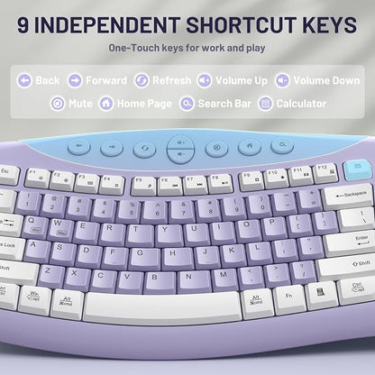 Wireless Keyboard and Mouse Combo,2.4G Full Size Ergonomic Curved Silent Keyboard with Fn Multimedia Keys for Office and Home, 3-DPI Quiet Mouse for Windows,Mac OS Desktop/Laptop/PC (Purple-A)