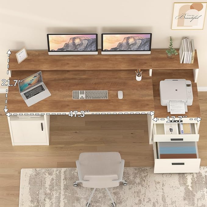 YOMILUVE 65 Inch Computer Desk with 3 Drawers & Storage Shelves, Executive Desk with File Drawer & Cabinet, Home Office Desk with Long Monitor Stand & Printer Shelf, Antique White