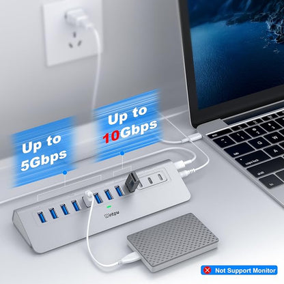 Powered USB Hub 10Gbps, intpw YH9AC 12 Port USB C Hub with 10Gbps USB C 3.2+2 USB A 3.2, 7 USB 3.0, 2 PD 45W Charging Port, 65W Power Adapter + 3.3FT Cable, Aluminum USB Hub for PC/Laptop/iPhone 17/16