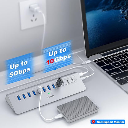 Powered USB Hub 10Gbps, intpw 12 Port USB C Hub with USB C 3.2+2 USB A 3.2, 7 USB 3.0, 2 PD 45W Charging Port, 65W Power Adapter + 3.3FT Cable, Aluminum USB Hub for PC/Laptop/iPhone 17/16/PC