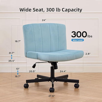 amseatec Criss Cross Chair, Wide Cross Legged Desk Chair with Wheels, Comfy Fabric Vanity Chair for Home Office, Adjustable Armless Swivel Task Chair with 90–115°Tilt（300Lbs/Blue）