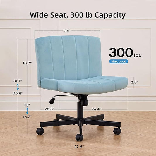 amseatec Criss Cross Chair, Wide Cross Legged Desk Chair with Wheels, Comfy Fabric Vanity Chair for Home Office, Adjustable Armless Swivel Task Chair with 90–115°Tilt（300Lbs/Blue）