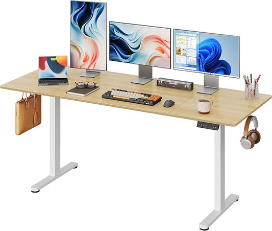 DEVAISE 71 Inch Electric Standing Desk, 3 Adjustable Computer Desk for Home Office, Ergonomic Sit to Stand Desk with LED Touchscreen，Headphone Hook, 3 Memory Preset, with Split Top, Maple