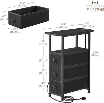 DALEMHOME Narrow End Table with Charging Station, Narrow Side Table with Drawer, Small Nightstand with LED Light, Skinny Nightstand, Small Bedside Table for Living Room, Bedroom, Couch, Black