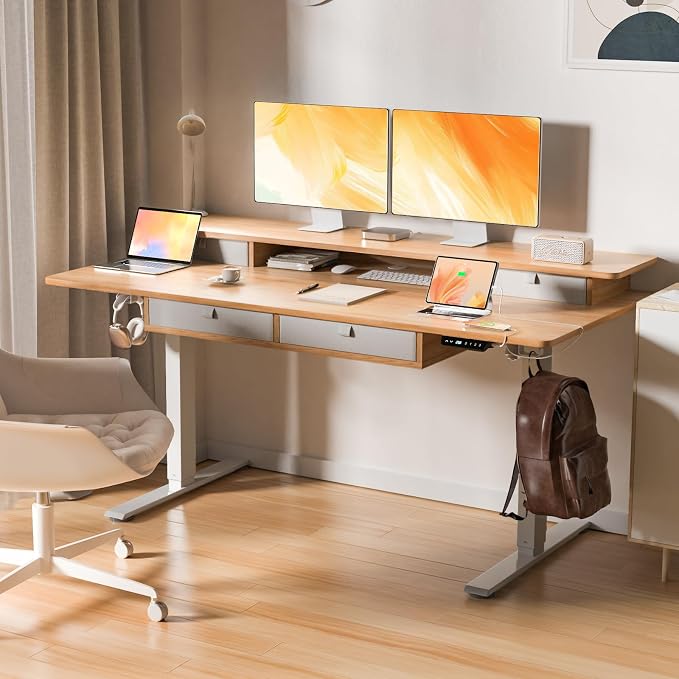 63 * 30 Inches Electric Standing Desk Adjustable Height with 4 Drawers, Double Storage Shelves Stand Up Desk, Home Office Workstation Sit Stand Desk (Nature)