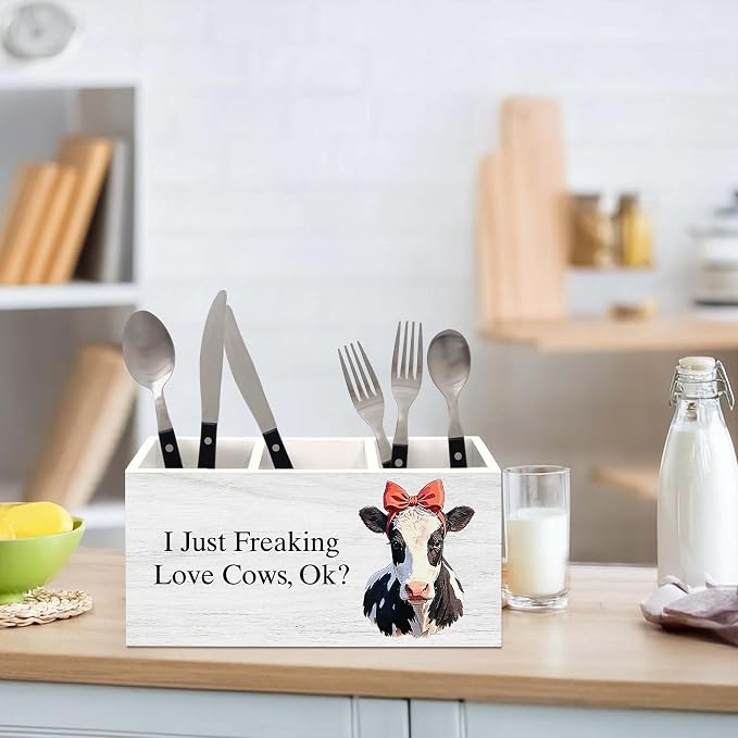 Cow Gifts Pen Holder for Desk, Funny Cute Bow Farm Animal Pencil Organizer, Cow Gifts for Women CowLovers, I Just Freaking Love Cows Wooden Pen Holder Desk Accessories Decor for Home Office