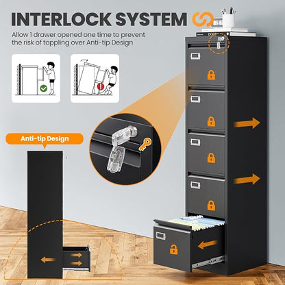 5 Drawer File Cabinet with Lock, Metal Filing Cabinets for Home Office, Vertical Black Locking File Caninet, Steel Narrow Five Drawer File Cabnet for Letter/Legal / A4 / B4- Assembly Required