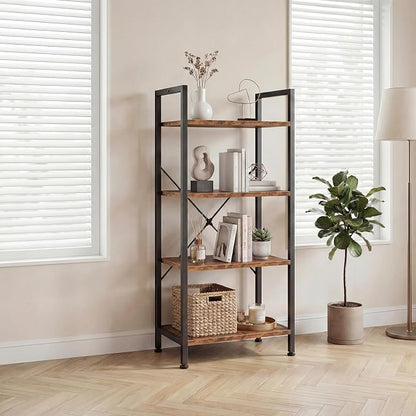 DUMOS 4-Tier Bookshelf, Modern Tall Bookcase, Open Storage Display Shelf for Living Room, Bedroom, Home Office, Narrow Standing Shelving Unit for Books, CDs, Décor，Brown