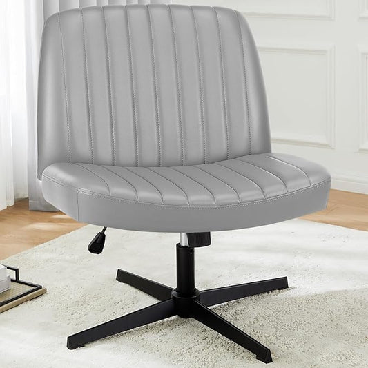 DUMOS Criss Cross Chair No Wheels, Wide Seat Cross Legged Office Desk Vanity Chair, Faux Leather Armless Height Adjustable Swivel Task Computer Chairs for Home, Study, Grey PU