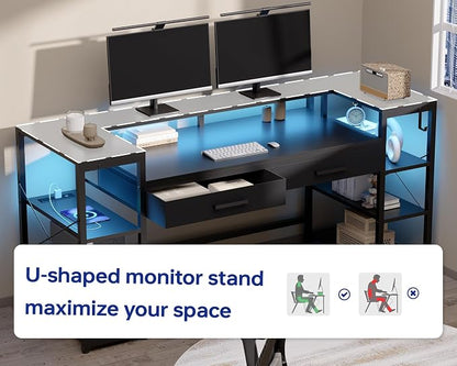 Pamray 58 Inch Computer Desk with Monitor Stand and Shelves Gaming Desk with LED Lights & Power Outlets PC Vanity Table with 2 Drawers for Home Office Black