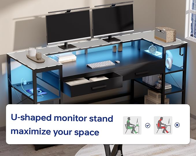 Pamray 58 Inch Computer Desk with Monitor Stand and Shelves Gaming Desk with LED Lights & Power Outlets PC Vanity Table with 2 Drawers for Home Office Vintage