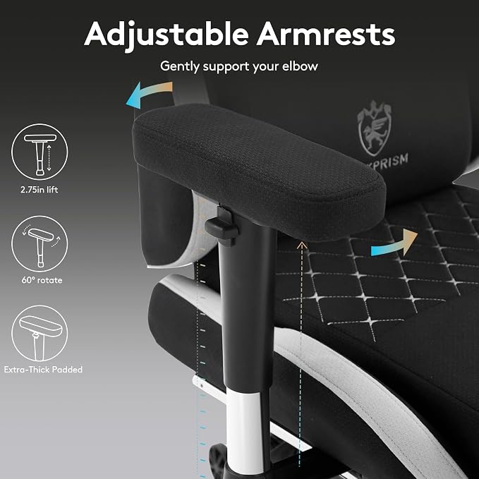 Gaming Chair Breathable Fabric,Computer Office Chair with Footrest,Massage Lumbar Support and Gel Pad,Ergonomic Reclining Gamer Chair with Adjustable Armrests and Spring Cushion Black Grey