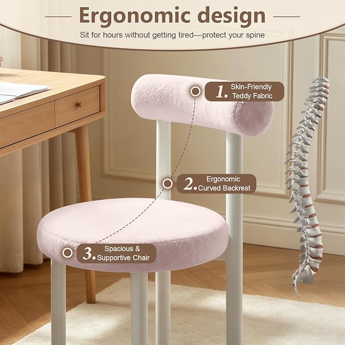Cute Small Armless Desk Chair, Ergonomic Comfy Vanity Chairs Lumbar Support with Back for Makeup, Teddy Fabric Computer Desk Chair for Home, Bedroom, Vanity, Teens, Adults
