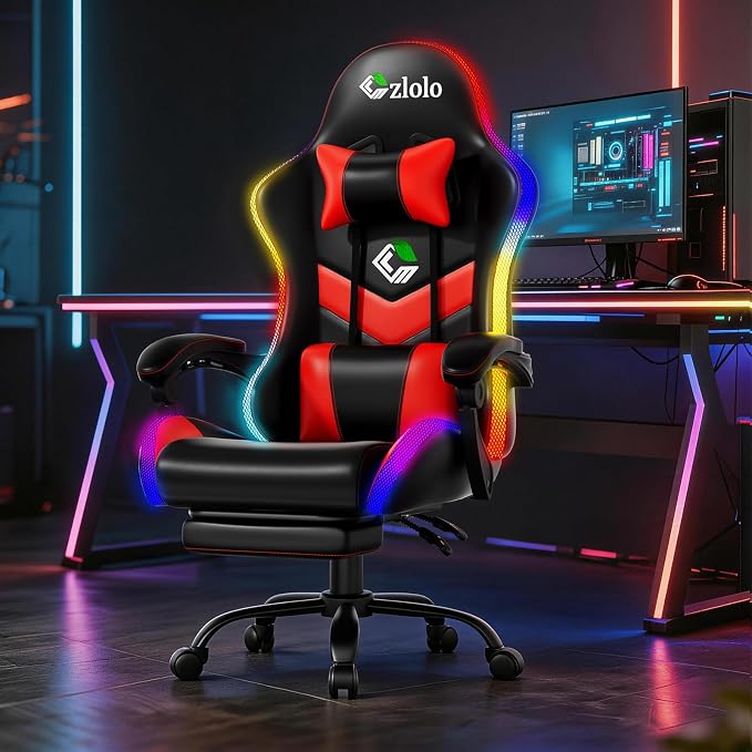 Czlolo Gaming Chair, 2026 Upgraded RGB LED Lights Computer Chair with Footrest, Lumbar Support Massager Gamer Chair, High Back, 90-135° Reclining, Linkage Armrests, Red