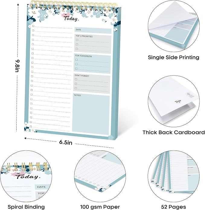 Taja To Do List Notepad - To Do List Notebook for Work with 52 Sheets, 9.8" x 6.5", Undated Daily Planner Perfect for Daily Tasks and Goal Setting, Notepad Suitable for Office, Home & School - Blue Breeze