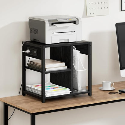 GarveeLife Small Printer Stand with Power Outlets, Rolling Printer Table with Lockable Wheels, Under Desk Printer Cart with Storage, Utility Storage Cart for Home, Office, Black