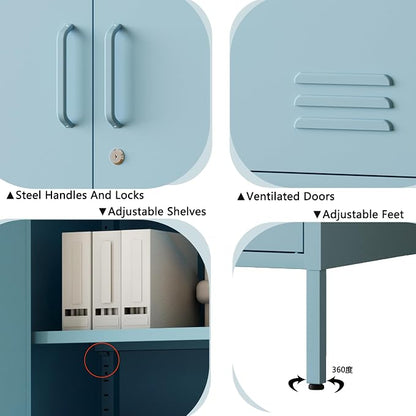 Blue Metal Storage Cabinet with Lock, 47.5" Wide Ventilated Door Locker, 2 Adjustable Shelves, Heavy Duty Home Accent Cabinet for Living Room Kitchen Office Study