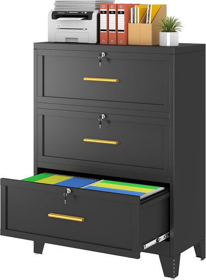 erosoei 3 Drawer File Cabinet with Lock, Metal Lateral File Cabinets for Home Office, Steel Wide Filing Organization Storage Cabinets, Home Office Furniture for Hanging Files Letter/Legal/F4/A4 Size.