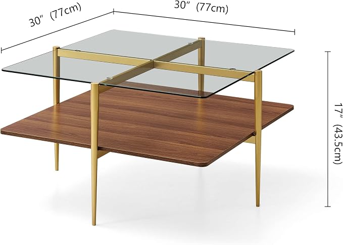 LumFurn X-Large Square Glass Coffee Table, Mid-Century Modern Design, L30 x W30 x H17 inch, for Living Room, Clear Glass Top and Walnut Finish Wood Shelf, Conical Legs with Gold Finish Frame