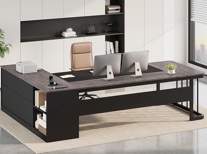 UPOSOJA 78.7" Executive Desk, Large Office Desk with Drawers & Storage Shelves, Modern L Shaped Computer Desk Corner Desk with Power Outlets, File Cabinet, Business Furniture Desk Workstation (Grey)