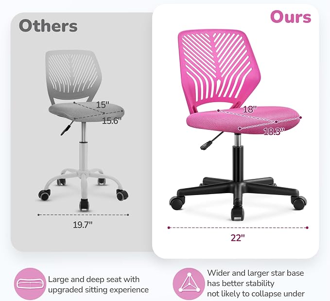 Topeakmart Armless Mesh Office Chair, Ergonomic Desk Chair with Adjustable Height & Support Lumbar, Adjustable Swivel Task Chair Rose Red