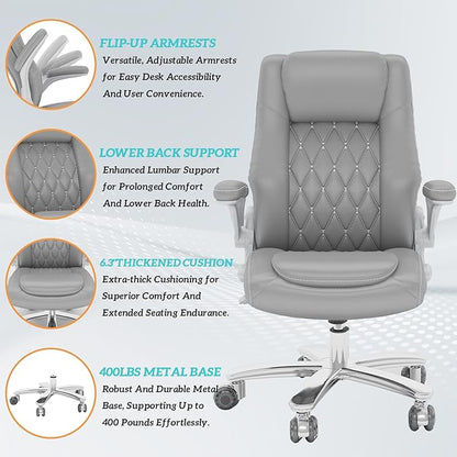 lavimiya Executive Office Chair with Rubber Wheels, Big and Tall Office Chair 400LBS, High Back Leather Computer Desk Chair with Flip-up Armrests and Lumbar Support, Grey