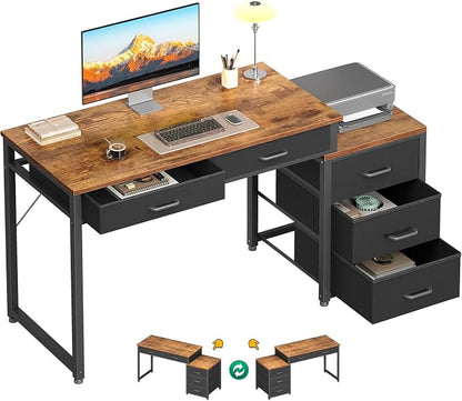 ODK Computer Desk with 5 Drawers, 53 Inch Office Desk with Printer Shelf, Reversible Work Desk for Home Office, Writing Table Desk for Storage, Rustic Brown