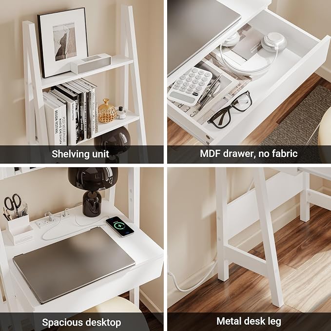 Haotian Ladder Desk with Power Outlet, Narrow Bookshelf Desk with Drawer and Shelves, Compact Secretary Desk for Small Spaces, Bedroom, Home, Office (White FWT112-W)