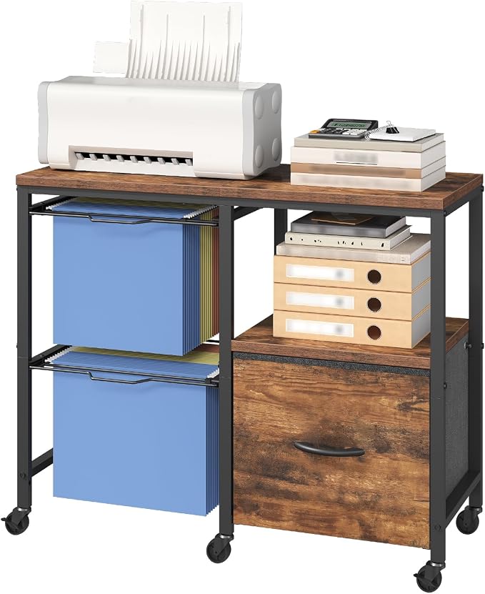 MAHANCRIS Rolling File Cabinet with Printer Stand, Mobile Lateral Filing Cabinet for Home Office, Office Storage Cart with Fabric Drawer & Hanging File Racks, Rustic Brown FCHR6001