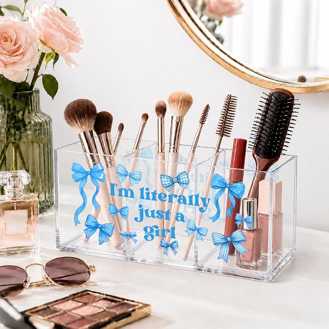 I'm Literally Just A Girl Acrylic Cosmetic Organizer Pen Holder, Blue Bow Desk Vanity Organizers Accessories With 3 Compartments, Birthday Appreciation Gifts for Bestie Sister Bow Lovers BBF