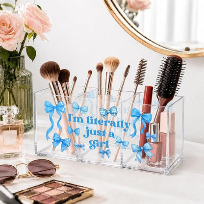 I'm Literally Just A Girl Acrylic Cosmetic Organizer Pen Holder, Blue Bow Desk Vanity Organizers Accessories With 3 Compartments, Birthday Appreciation Gifts for Bestie Sister Bow Lovers BBF