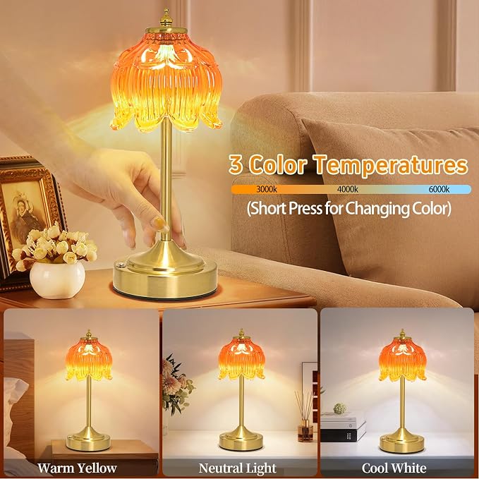 Cordless Lotus Flower Table Lamp, 5200mAh Rechargeable Battery Operated Portable Lamp, 3-Color Dimmable Touch Control Small Desk Lamp for Bedroom, Office, Kitchen, Nightstand,Room Decor (Orange-red)