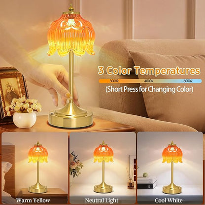 Cordless Lotus Flower Table Lamp, 5200mAh Rechargeable Battery Operated Portable Lamp, 3-Color Dimmable Touch Control Small Desk Lamp for Bedroom, Office, Kitchen, Nightstand,Room Decor (Orange-red)
