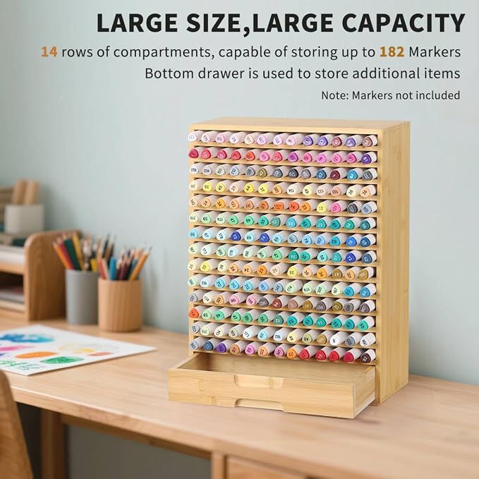 AUTOARK Natural Bamboo Marker Organizer with Drawer, AHK-065 | 182 Slots