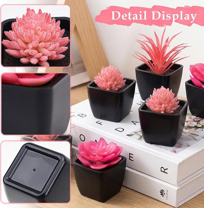 6 Pcs Pink Artificial Succulent Plants in Black Pots, Small Fake Succulents for Pink Room Decor Bathroom Decor Office Desk, Lifelike Faux Plants with Minimalist Modern Aesthetic