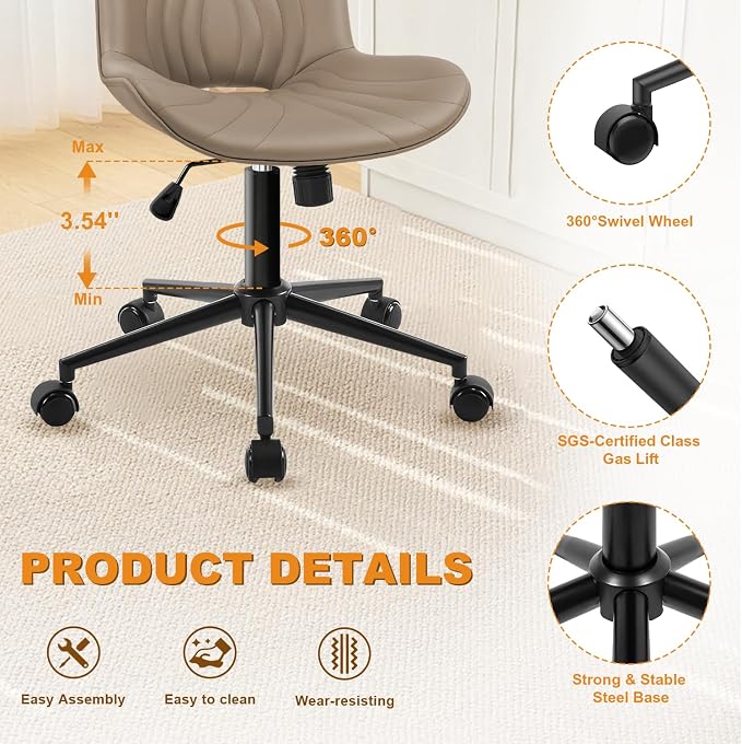 Armless Office Chair, Height Adjustable Desk Chair with Wheels, Ergonomic Comfy 360° Swivel Home Office Computer Task Chair, Faux Leather Padded Cute Vanity Chair, Khaki