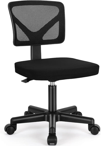 Sweetcrispy Ergonomic Low-Back Mesh Small Office Chair, Rolling Work Swivel Chairs with Wheels, Armless Comfortable Seat Lumbar Support for Home, Bedroom, Study, Student, Adults, New Black