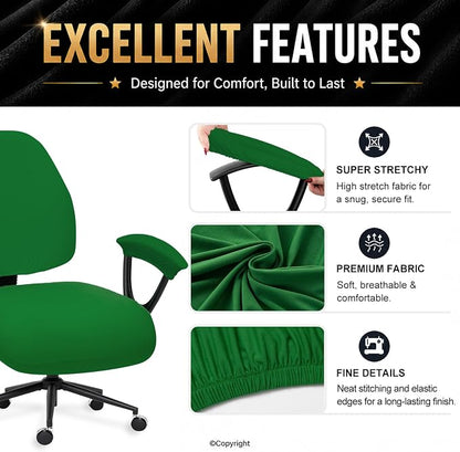 Stretchable Desk Office Chair Seat Covers with Armrest Covers - Universal Stretch Computer Chair Slipcover - Washable Rotating Backrest Coverings & Cushion Protectors for Dogs, Cats, Pets, Green