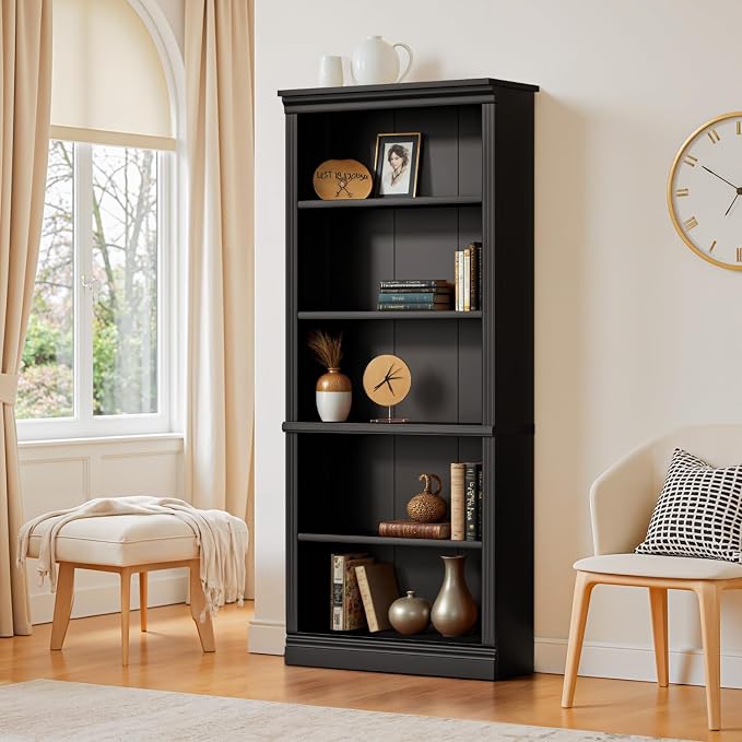 Furniwell Bookcase Bookshelves, 5-Shelf Tall Bookcase 71" Wood Open Display Floor Bookshelf, Large Storage Organizer for Library, Bedroom, Living Room (Black)