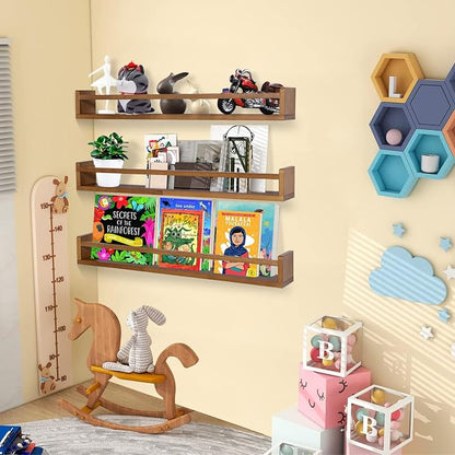 AZSKY Light Walnut Nursery Book Shelves 36 Inch Floating Wall Mounted Bookshelf Kids Room Hanging Shelves Books Storage Organizer a Set of 3