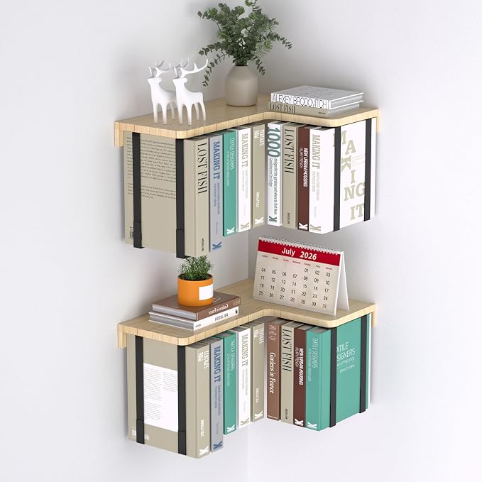 L-Shaped Corner Floating Shelves Set of 2, Floating Book Shelves for Wall | Pine Wood Wall Mount Floating Bookshelf with Hanging Strap Holds 9 Books, Hanging Hookshelf Display Shelf for Home Wall Decor