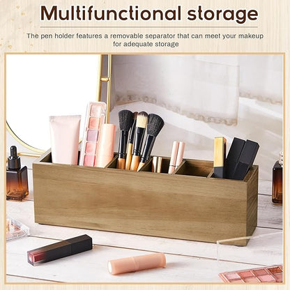 Jetec Wooden Pencil Pen Holder for Desk 6 Compartments Cosmetic Makeup Brush Stationery Office Desktop Organizers for Countertop Adjustable Silverware Caddy for Home and Party, Art Supplie(Wood Color)