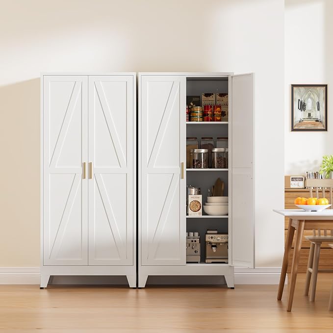 61" Tall Metal Pantry Cabinet, Kitchen Storage Cabinet with 2 Doors and 3 Adjustable Shelves for Kitchen, Living Room, Dining Room, Bathroom and Home, Office (White, 1PC)
